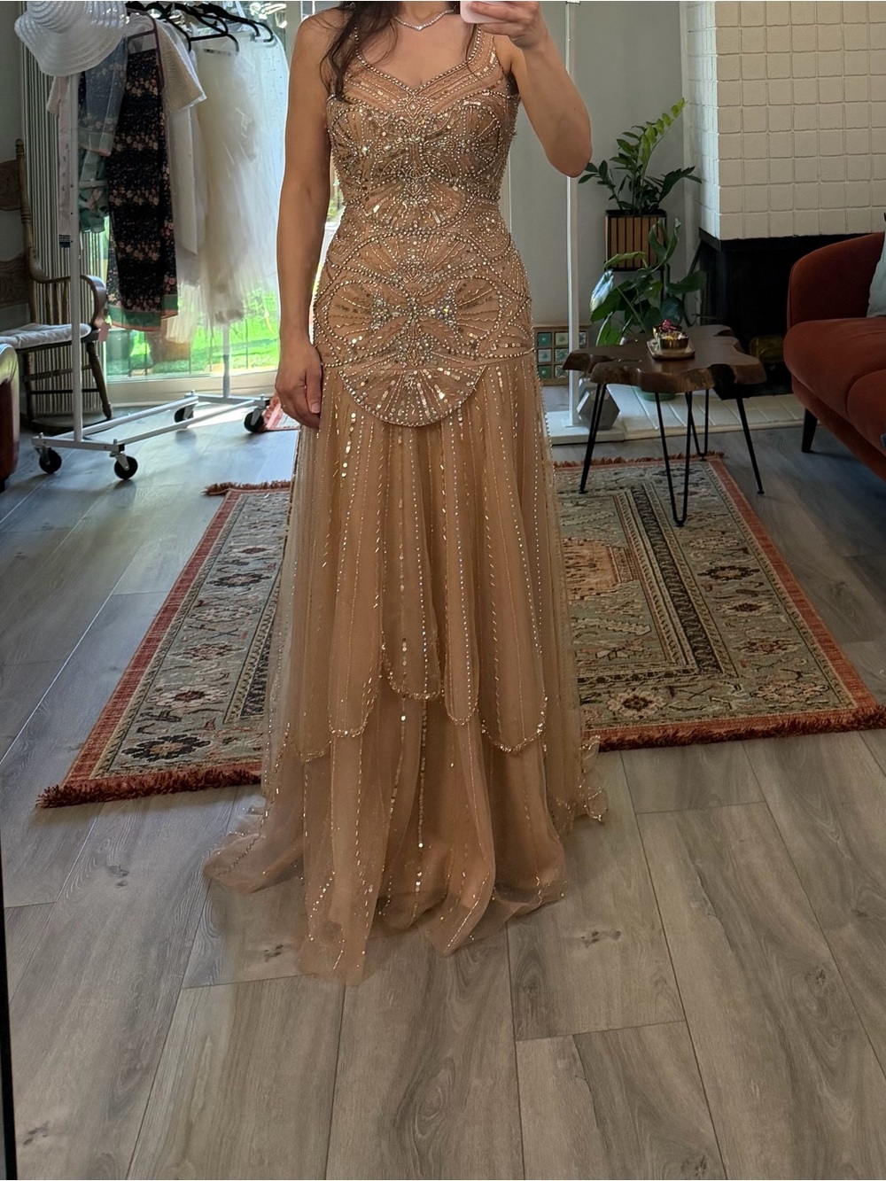 Embellished Champagne Evening Gown - Sleeveless Beaded Dress